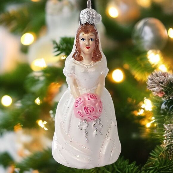 Old World Christmas Bride Ornament Brunette White Dress Roses Vintage Glass OWC - Picture 14 of 15